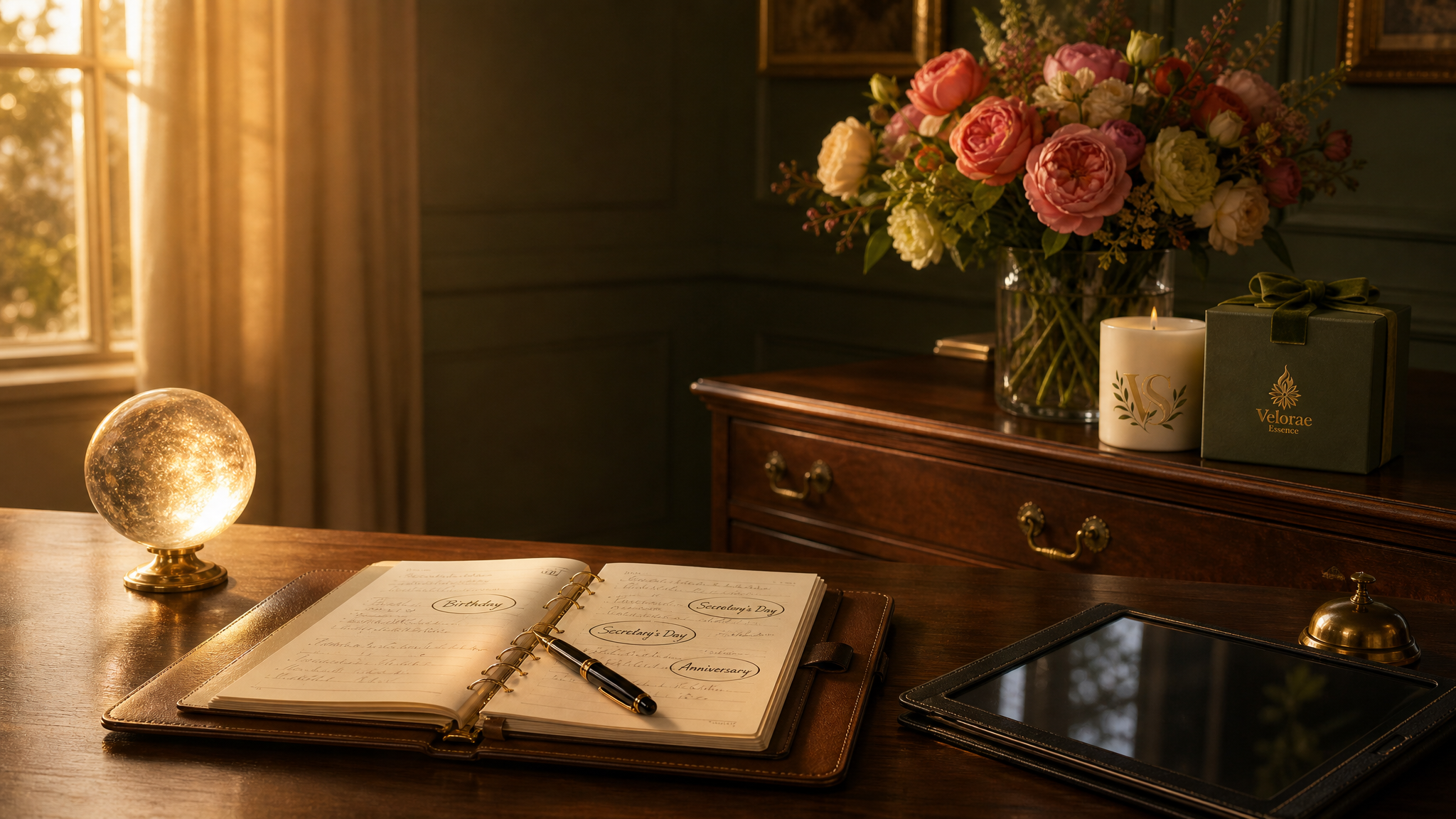 A quiet study — a glowing crystal oracle, an open journal, a concierge bell, a tablet in a leather folio, and a wrapped gift on the credenza